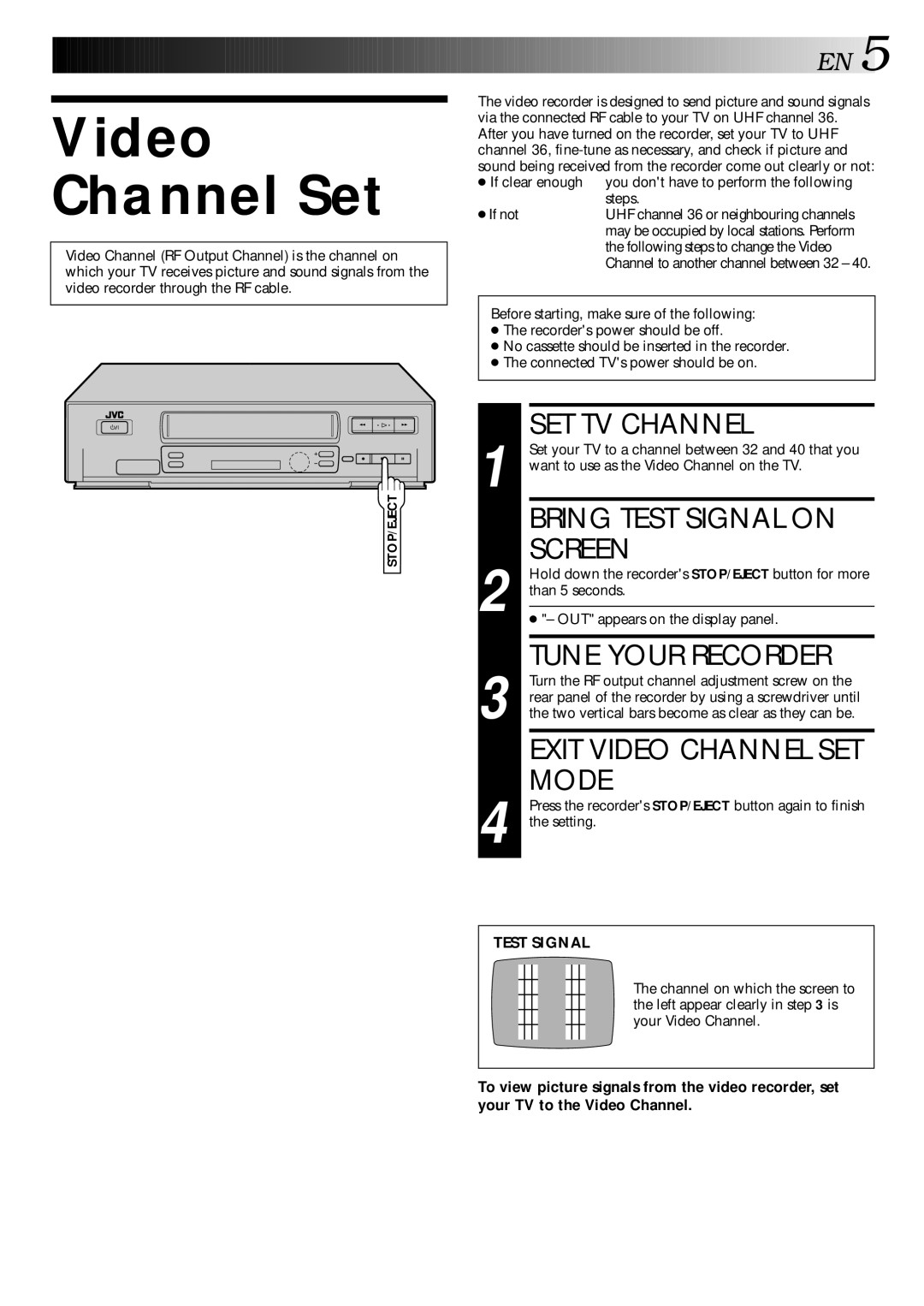 JVC HR-J240E specifications Video Channel Set 