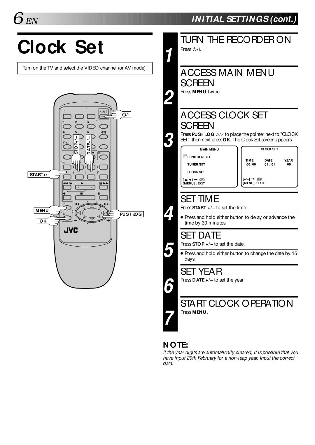 JVC HR-J240E specifications Clock Set, Turn the Recorder on, SET Year, Start Clock Operation, EN Initial Settings 