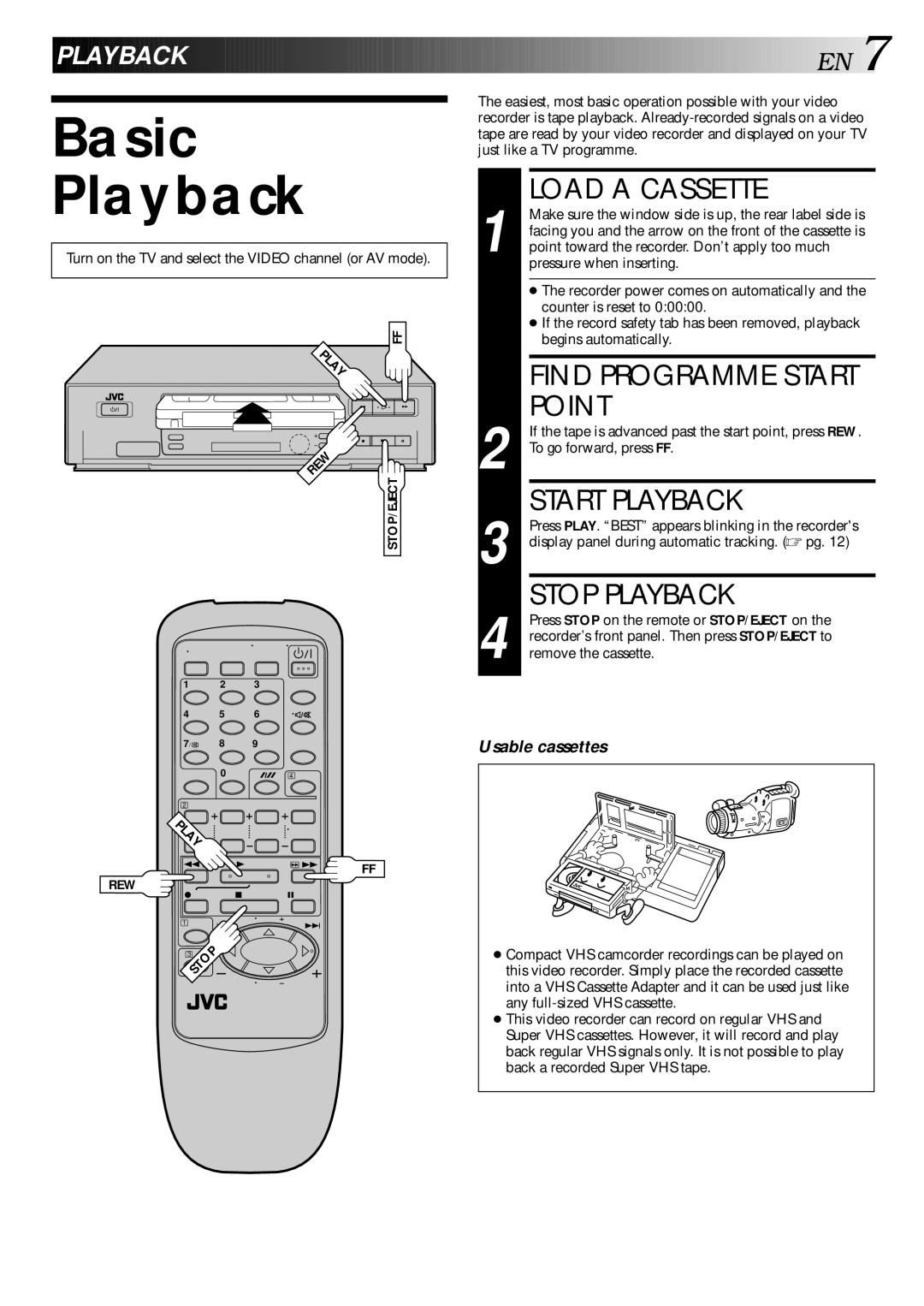 JVC HR-J240E specifications Basic Playback, Load a Cassette, Point, Start Playback, Stop Playback 