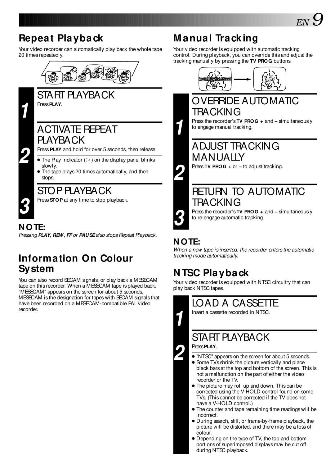 JVC HR-J240E Activate Repeat, Override Automatic Tracking, Adjust Tracking Manually, Return to Automatic Tracking 