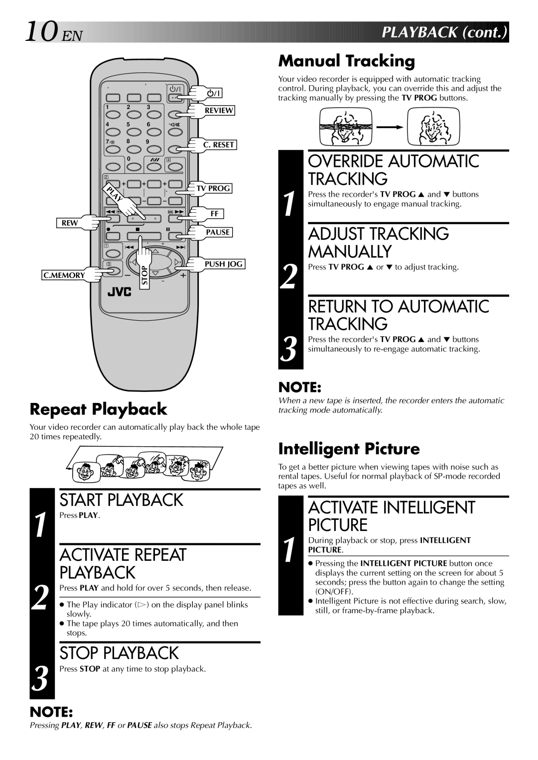 JVC HR-J245EA Adjust Tracking Manually, Return to Automatic Tracking, Activate Repeat, Activate Intelligent, Picture 