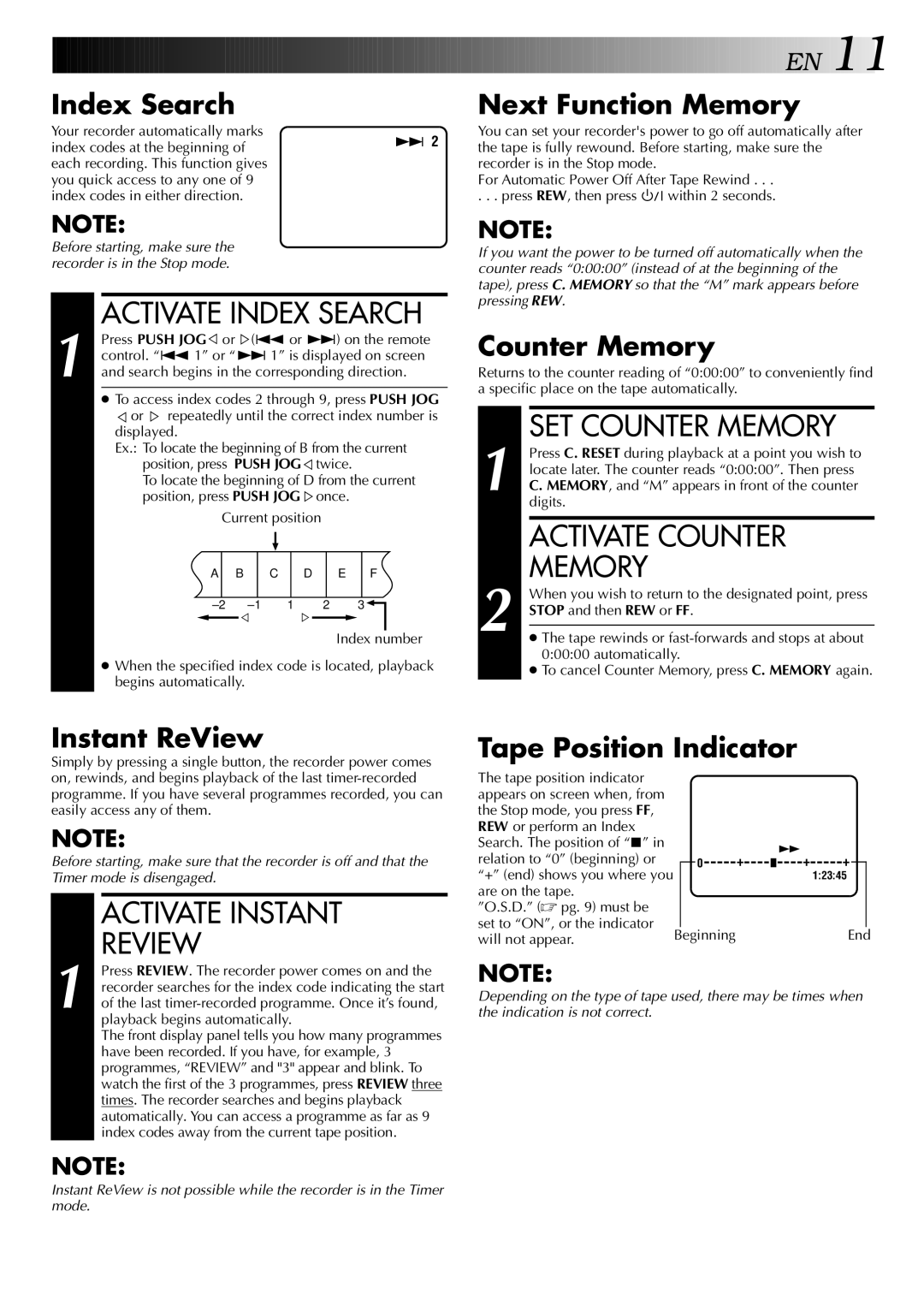 JVC HR-J245EA specifications Activate Index Search, SET Counter Memory, Activate Counter, Activate Instant Review 