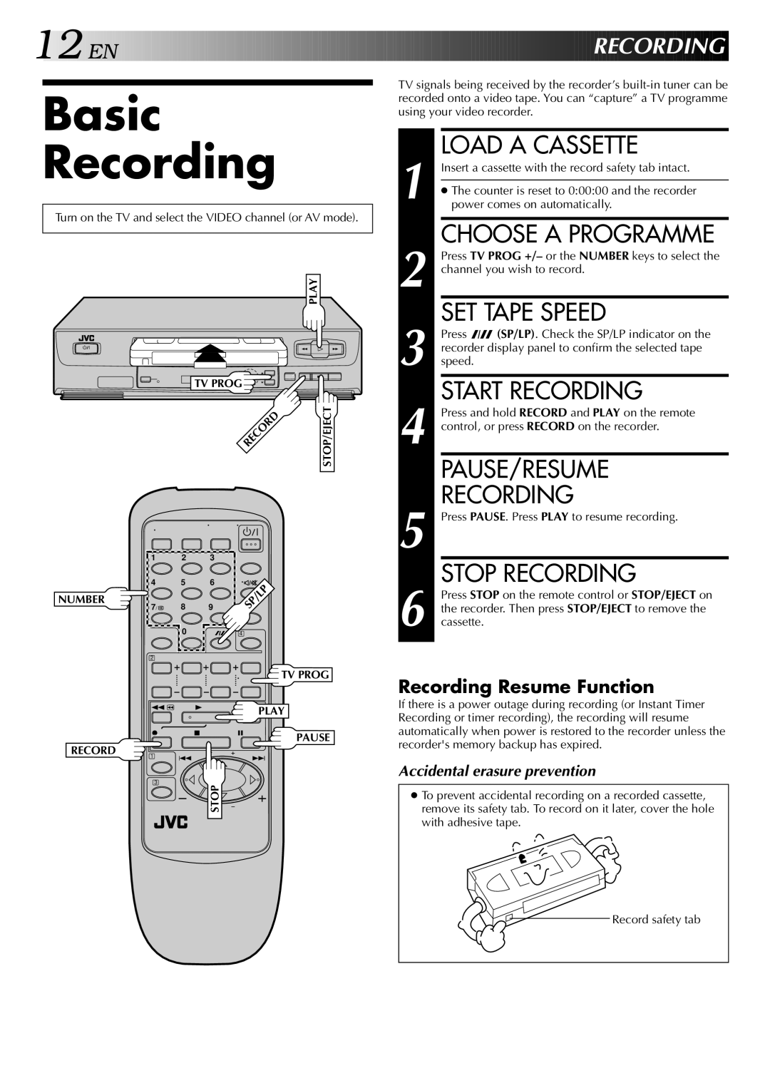 JVC HR-J245EA specifications Basic Recording 