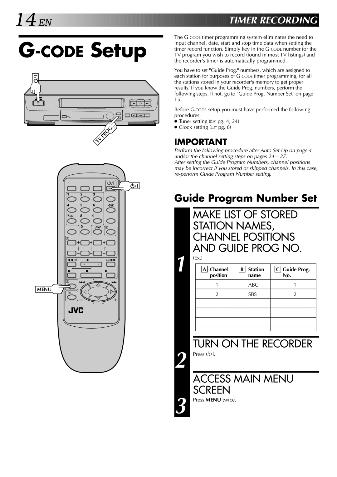 JVC HR-J245EA specifications CODESetup, Guide Program Number Set, Channel Station Guide Prog Position Name 