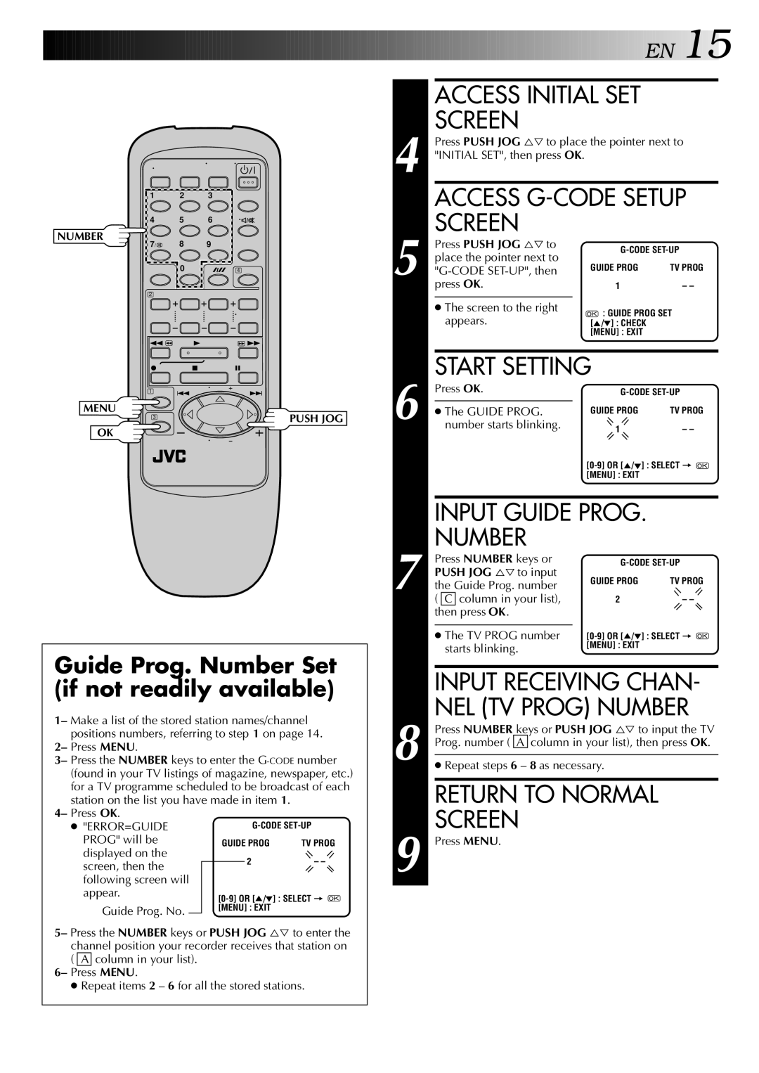 JVC HR-J245EA Access G-CODE Setup, Start Setting, Input Guide Prog Number, Input Receiving Chan, NEL TV Prog Number 