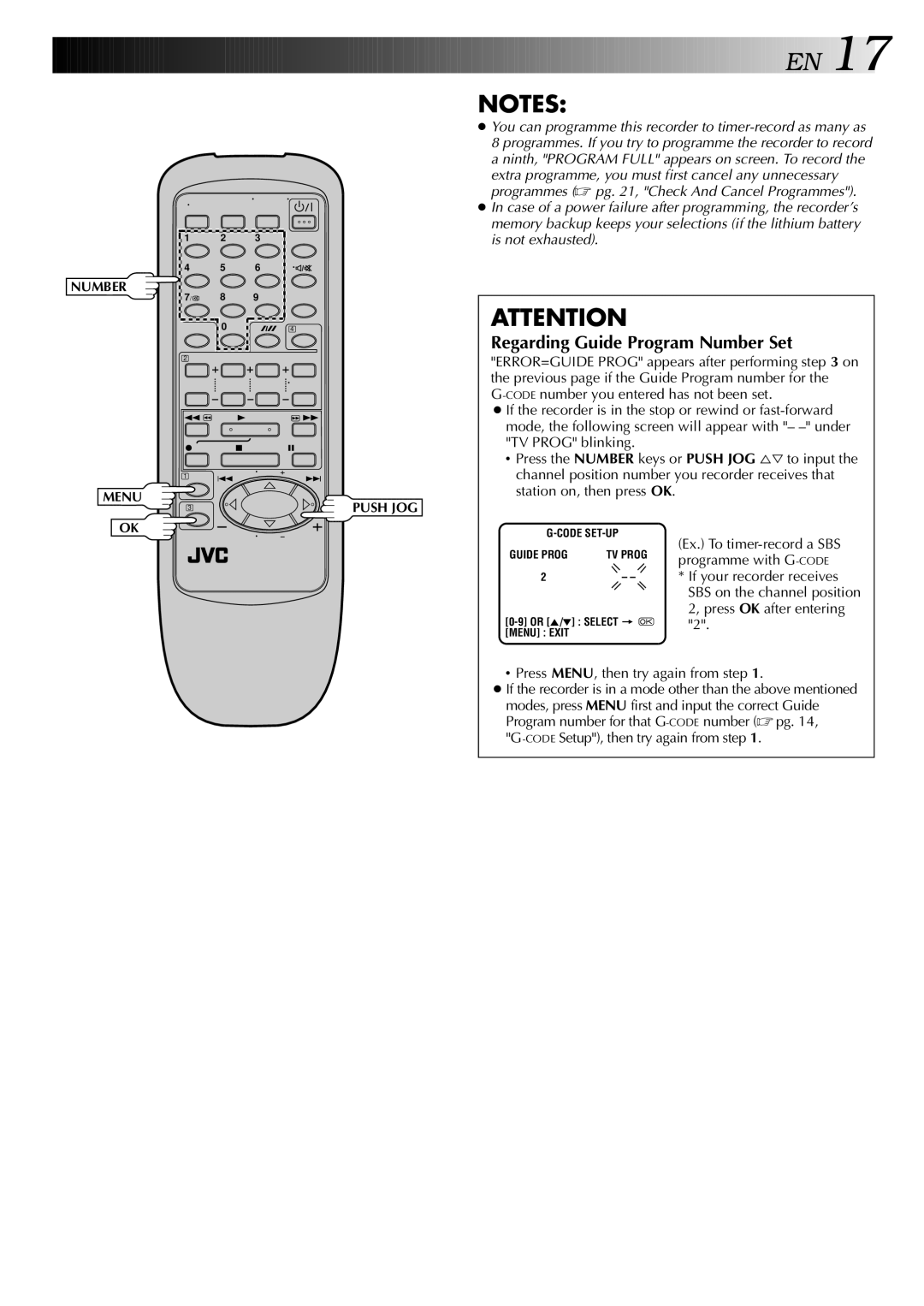 JVC HR-J245EA specifications Regarding Guide Program Number Set 