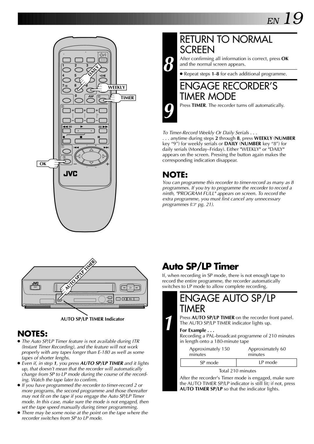 JVC HR-J245EA specifications Engage RECORDER’S Timer Mode, Engage Auto SP/LP, Auto SP/LP Timer 