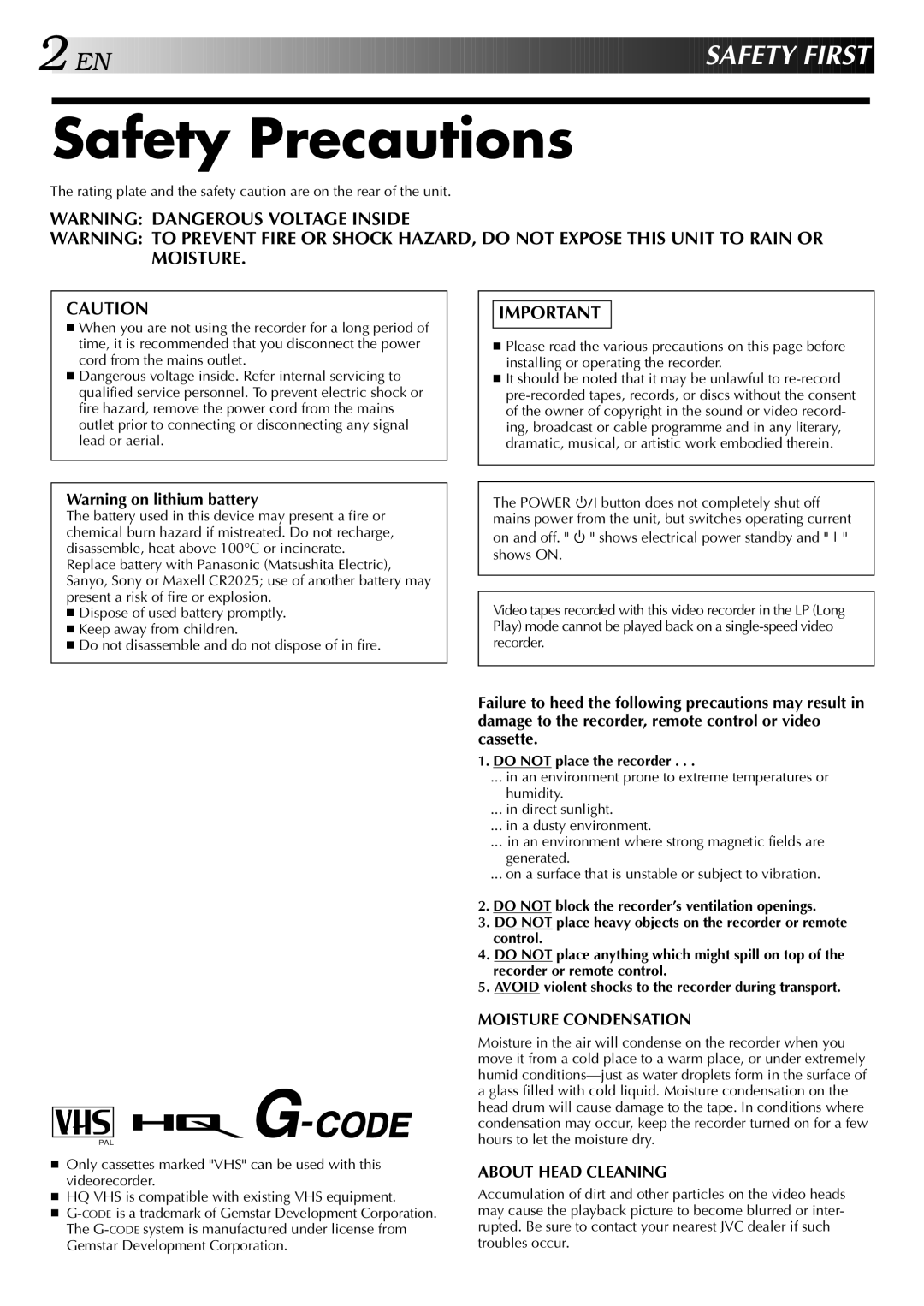 JVC HR-J245EA specifications Safety Precautions, Do not place the recorder 