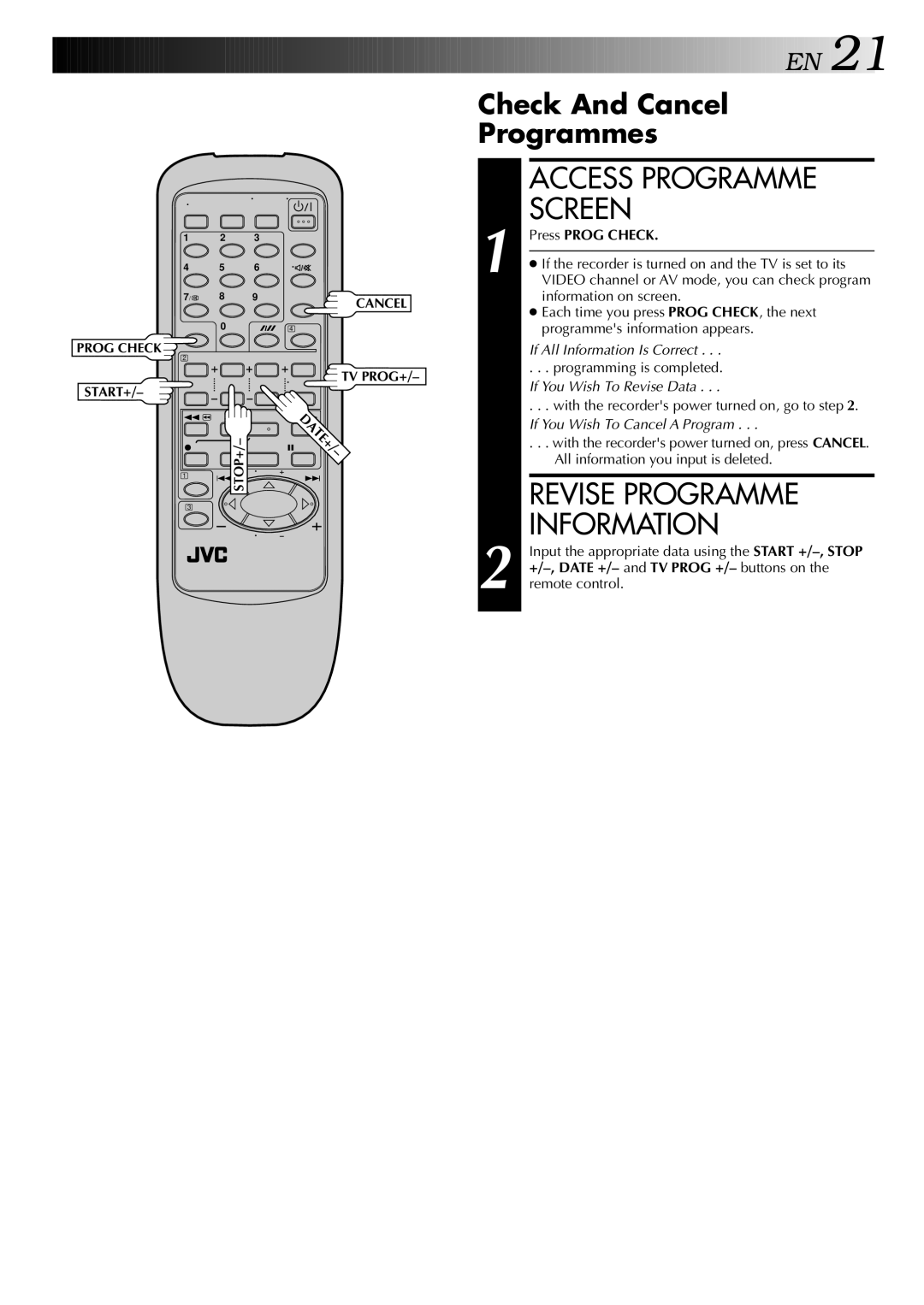 JVC HR-J245EA specifications Access Programme, Revise Programme, Information, Check And Cancel Programmes 