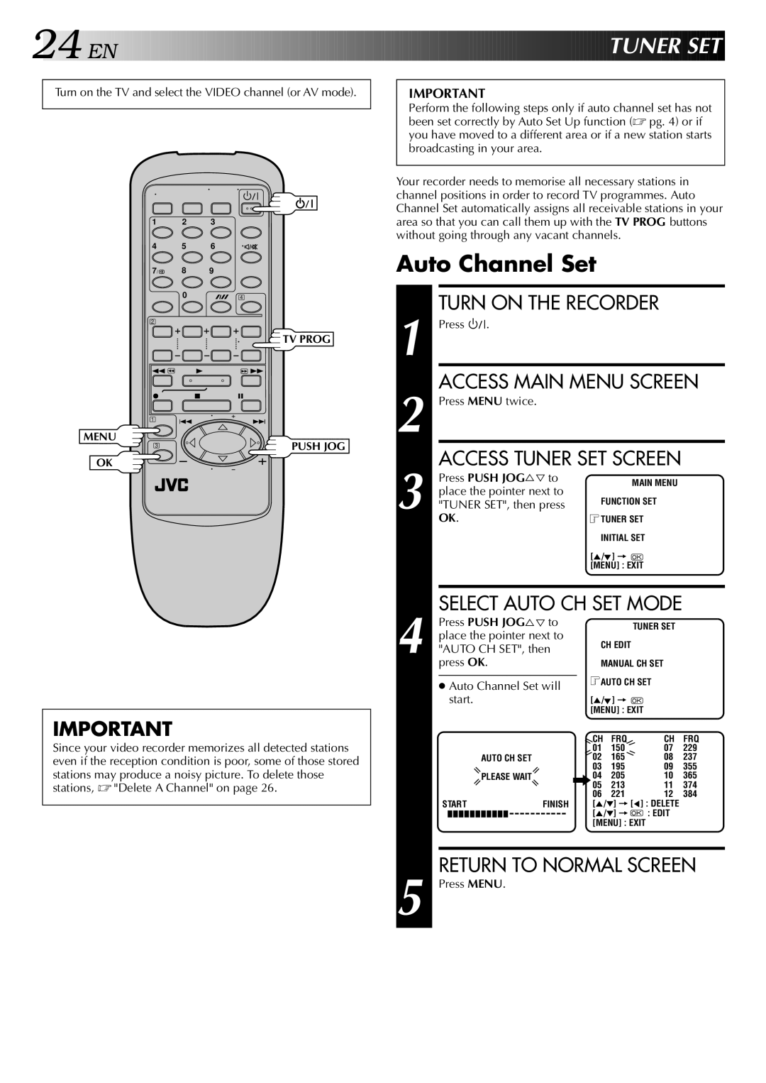 JVC HR-J245EA Press Push JOG%Þ to, Tuner SET, then press, Auto CH SET, then Press OK, Auto Channel Set will Start 