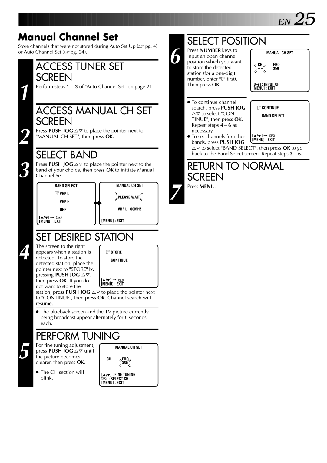 JVC HR-J245EA specifications Select Position, Access Tuner SET, Access Manual CH SET, SET Desired Station 