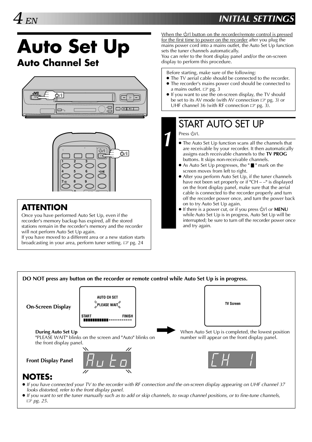 JVC HR-J245EA specifications Start Auto SET UP, Auto Channel Set, Or Menu, During Auto Set Up 