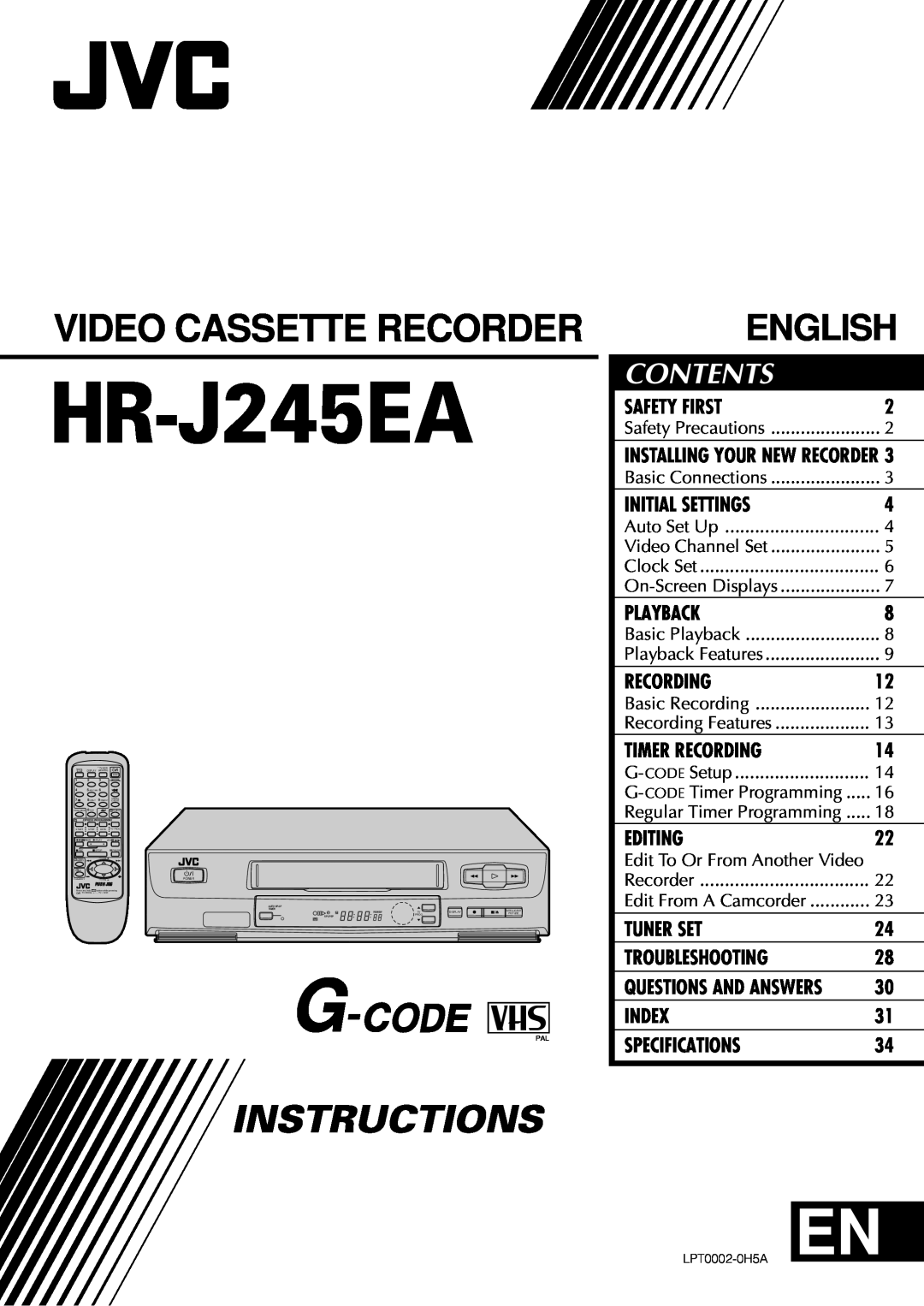 JVC HR-J245EA specifications Video Cassette Recorder, Instructions, English, Contents 