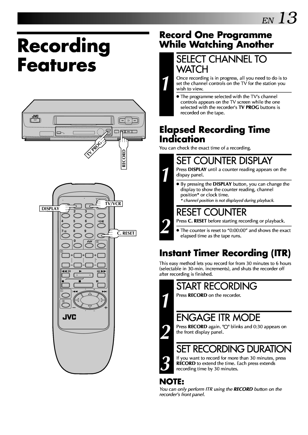 JVC HR-J245EA Recording Features, EN13, Select Channel To Watch, Set Counter Display, Reset Counter, Engage Itr Mode 