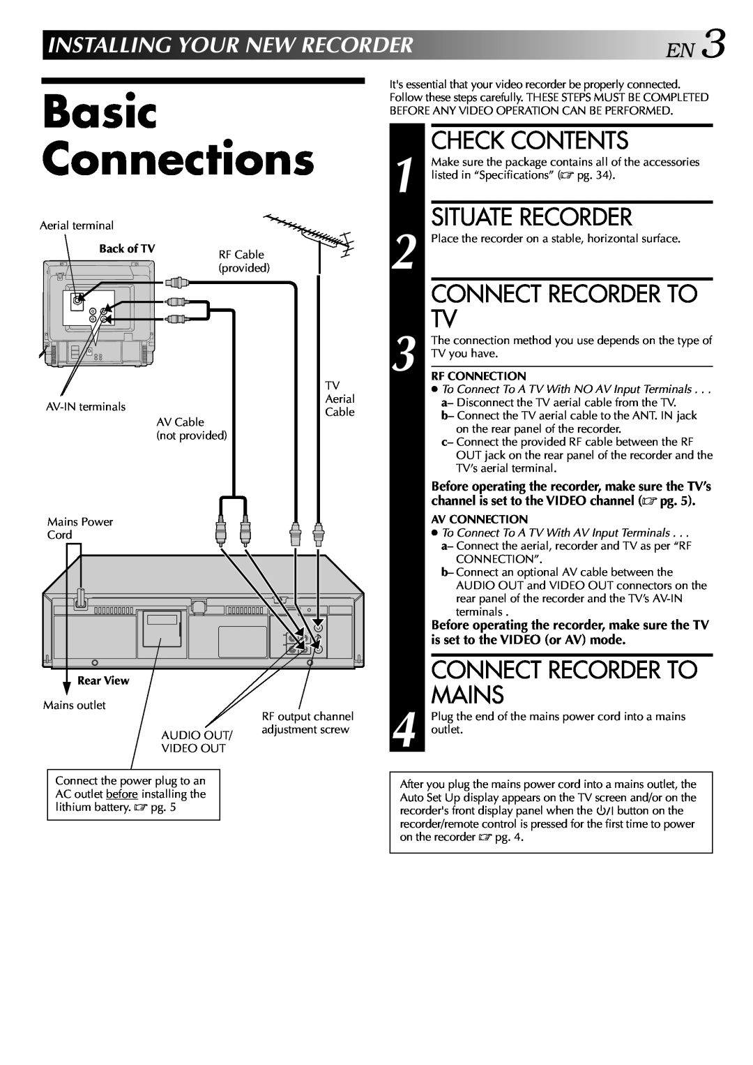 JVC HR-J245EA Basic Connections, Check Contents, Situate Recorder, Connect Recorder To Mains, INSTALLINGYOURNEWRECORDEREN3 