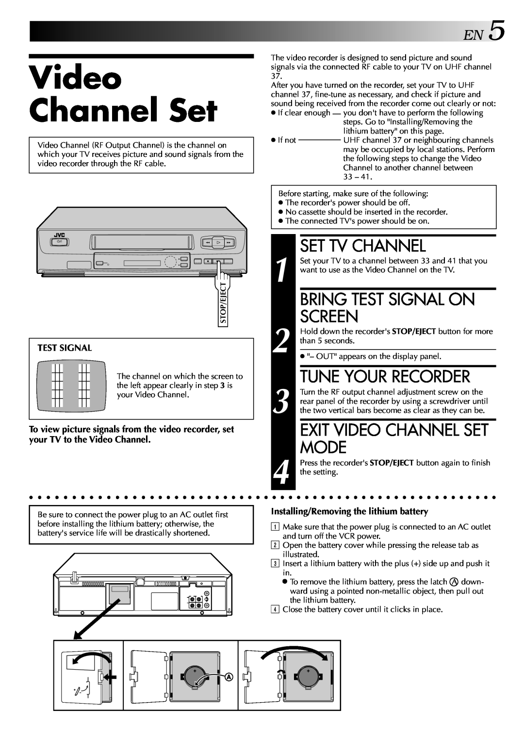 JVC HR-J245EA specifications Video Channel Set, Set Tv Channel, Bring Test Signal On, Screen, Tune Your Recorder, Mode 