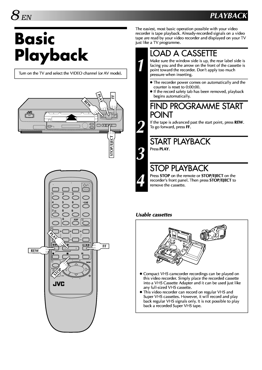 JVC HR-J245EA specifications Basic Playback, Load A Cassette, Point, Start Playback, Stop Playback, Find Programme Start 