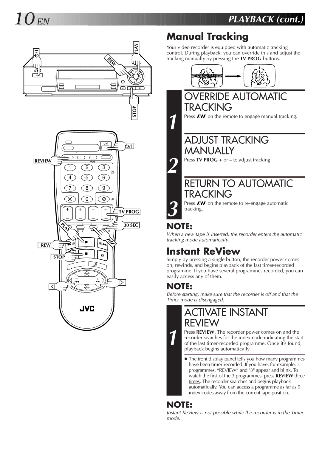 JVC HR-J250E specifications Override Automatic Tracking, Adjust Tracking, Manually, Activate Instant Review 