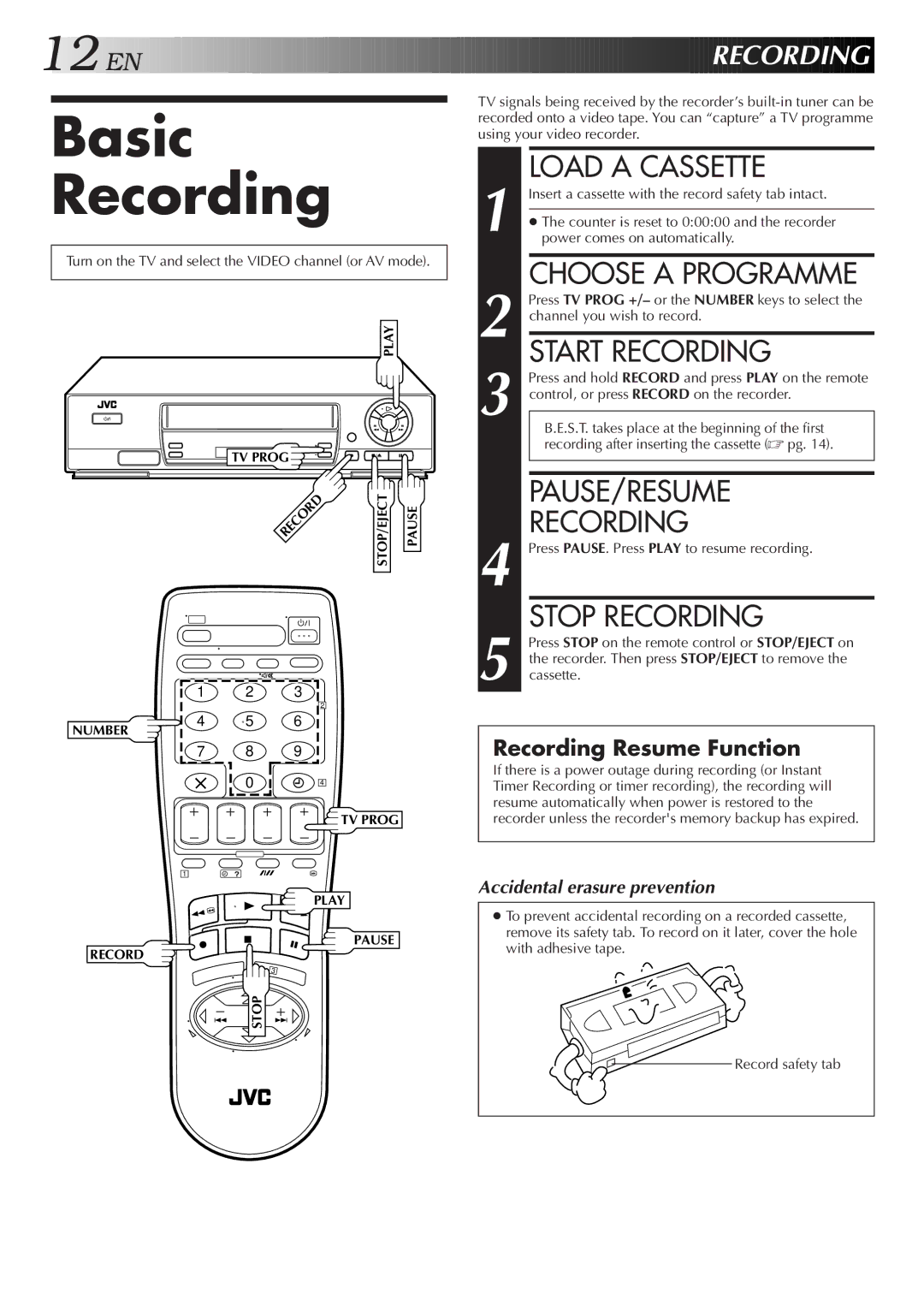 JVC HR-J250E specifications Basic Recording 