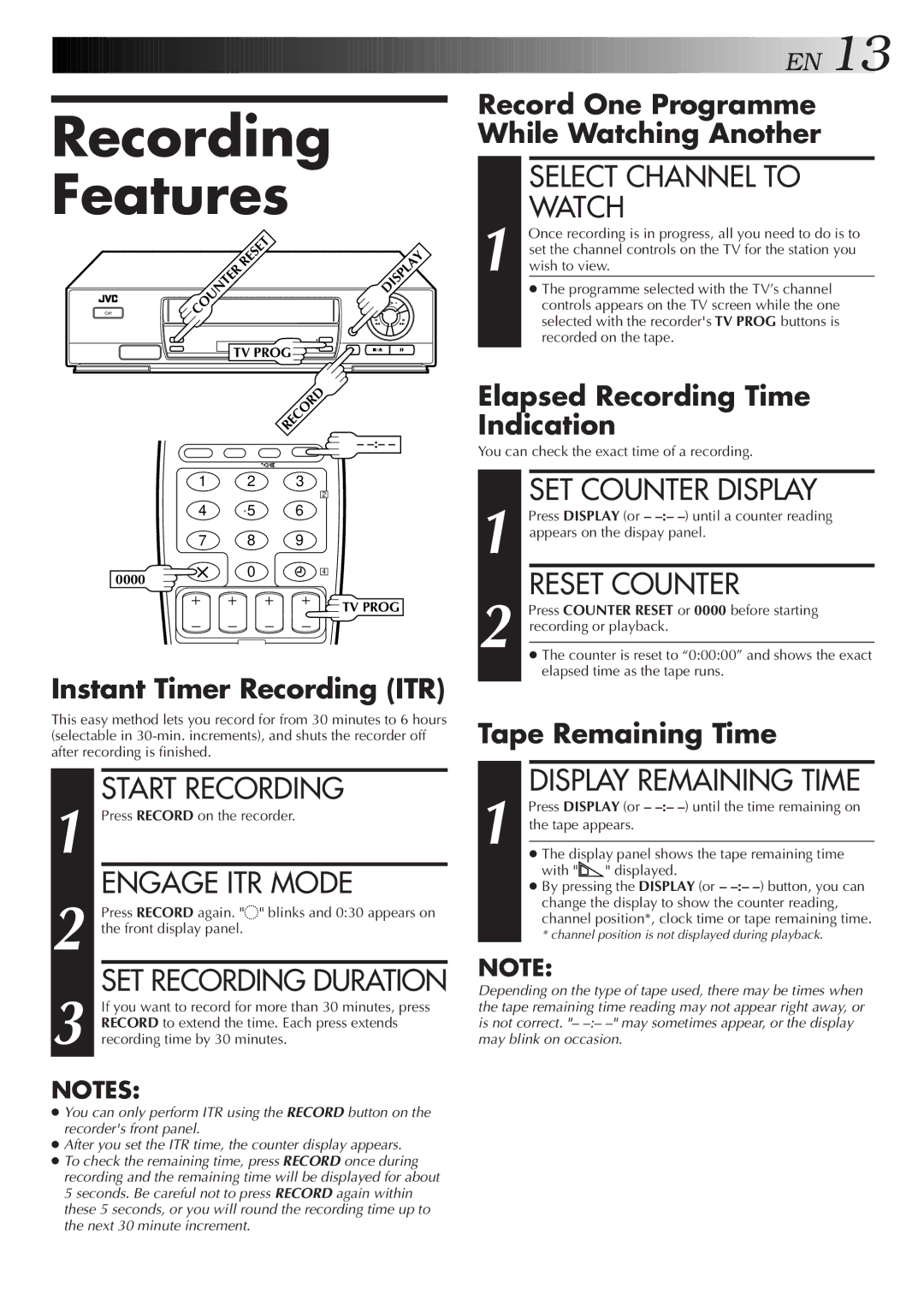 JVC HR-J250E specifications Recording Features 