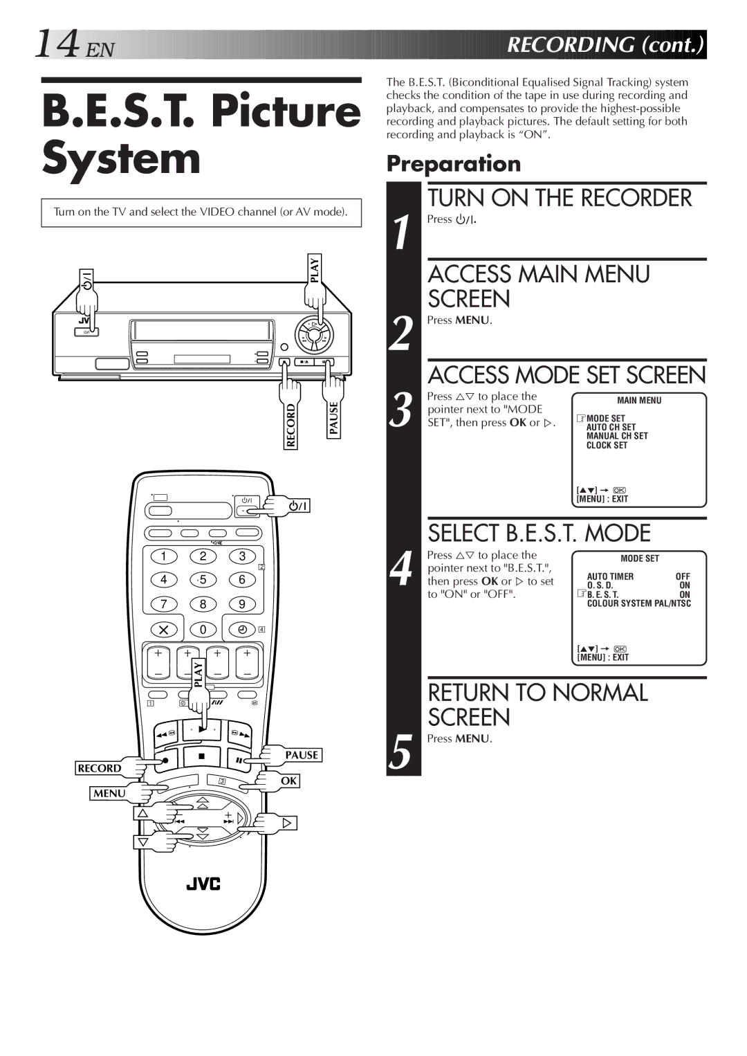 JVC HR-J250E specifications S.T. Picture System, EN Recording, Preparation 