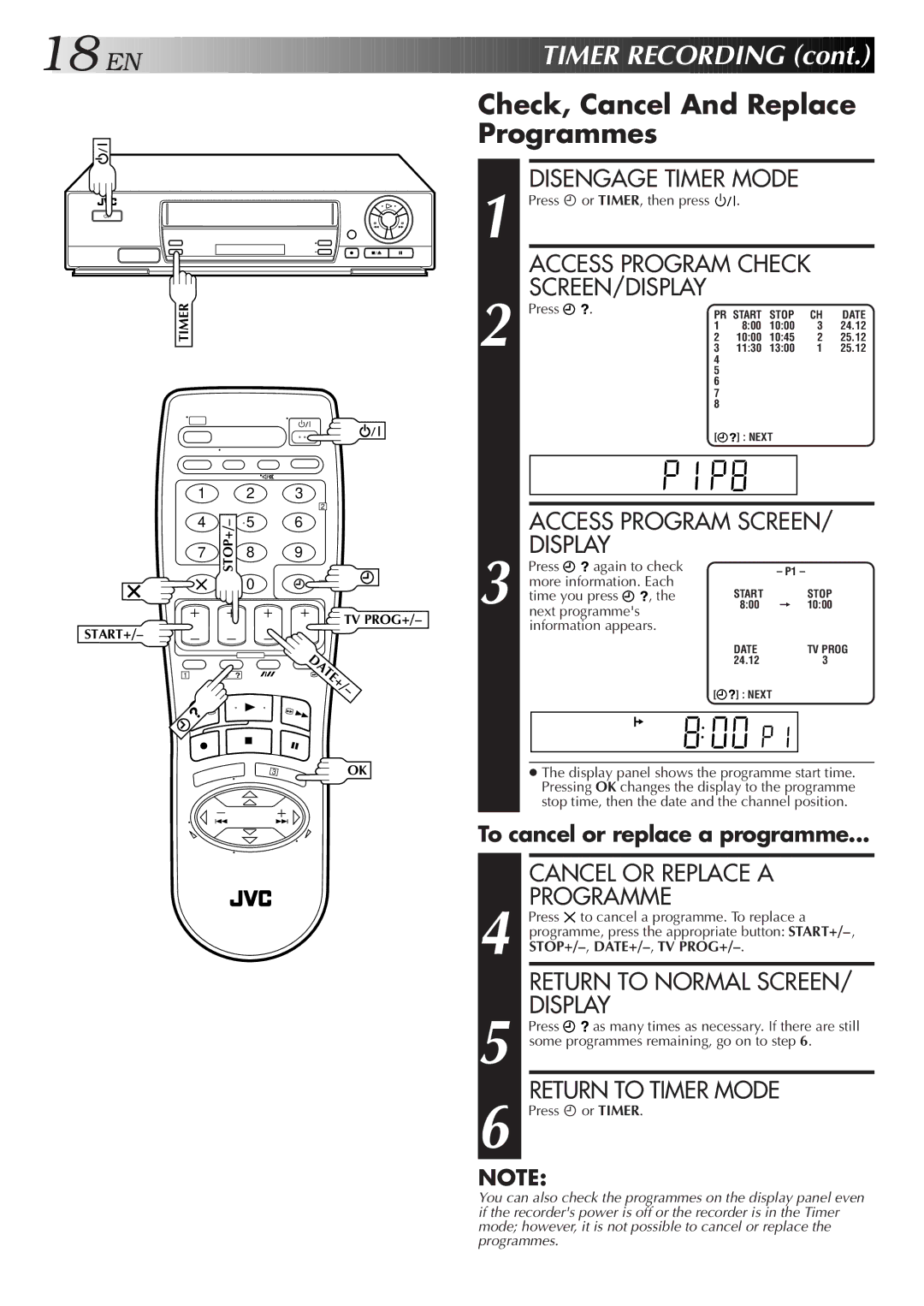 JVC HR-J250E specifications EN Timer Recording, Check, Cancel And Replace Programmes 