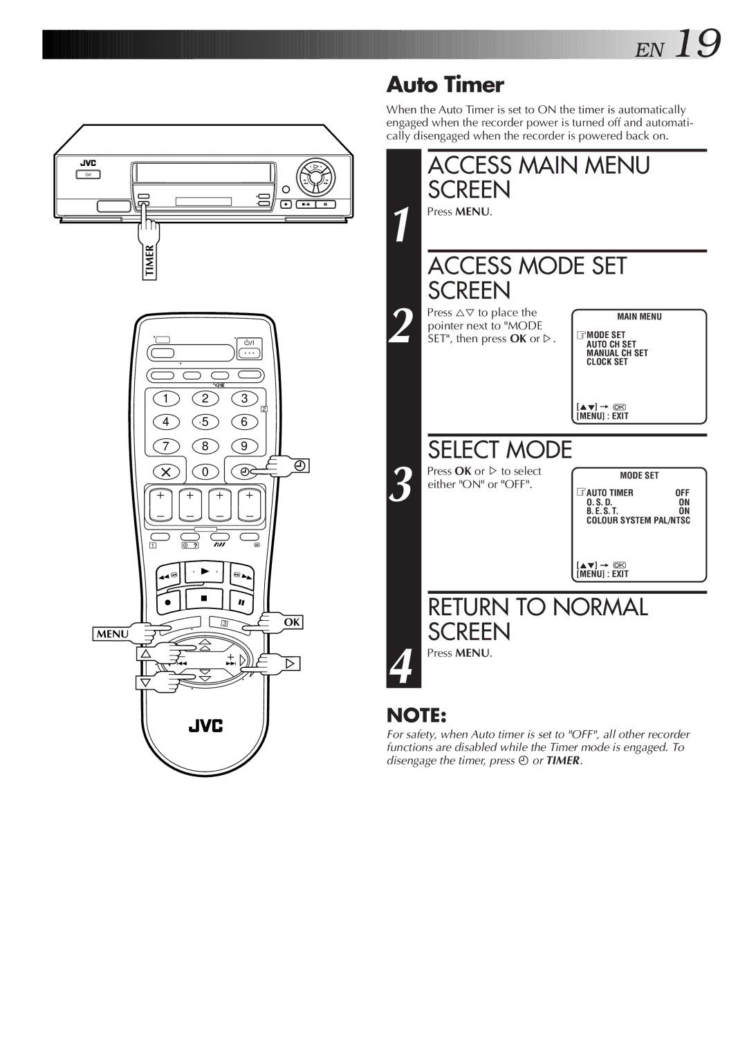 JVC HR-J250E specifications Auto Timer, SET, then press OK or %, Press OK or %to select, Either on or OFF 