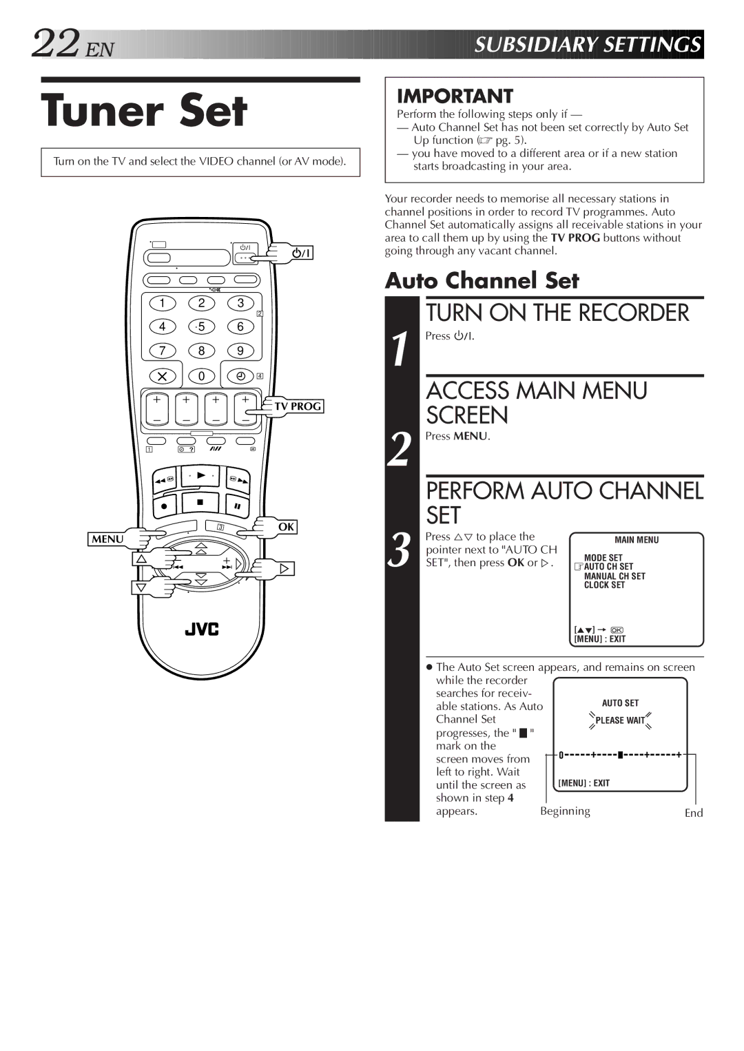 JVC HR-J250E specifications Tuner Set, EN Subsidiary Sett Ings, Auto Channel Set, Pointer next to Auto CH 