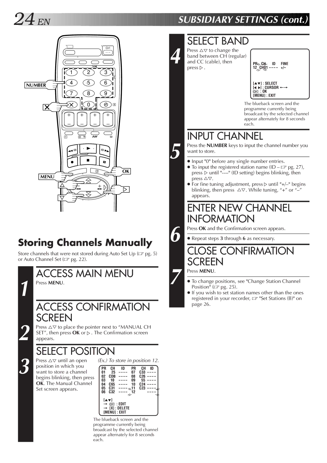 JVC HR-J250E specifications SU Bsidiary Settings, Storing Channels Manually 