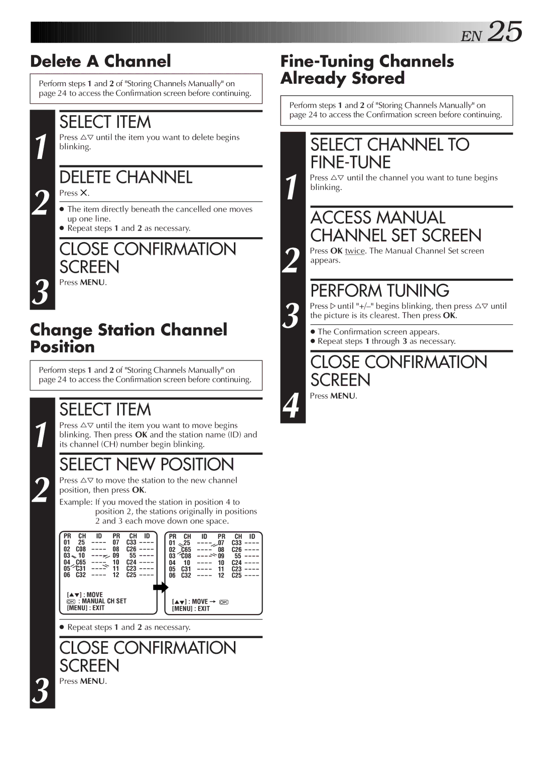 JVC HR-J250E specifications Select Item, Delete Channel, Close Confirmation, Select Channel to FINE-TUNE, Perform Tuning 