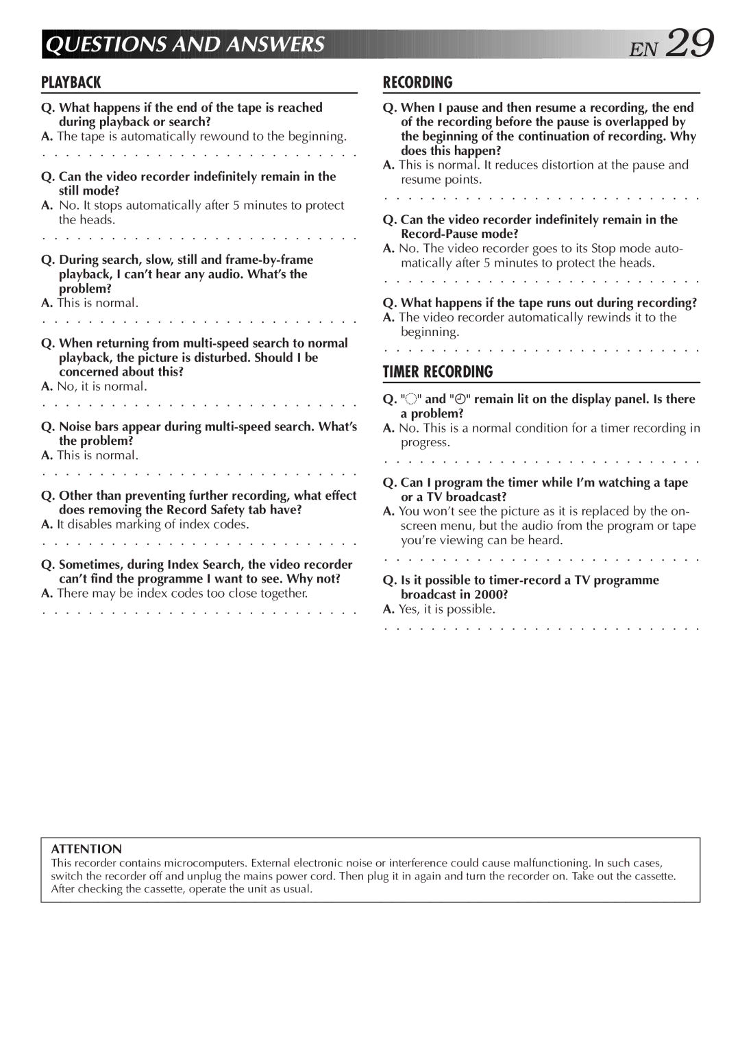 JVC HR-J250E specifications Questions and Answer S E N, Playback Recording 