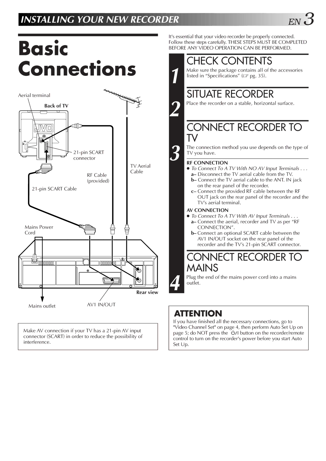 JVC HR-J250E specifications Basic Connections, Check Contents, Situate Recorder, Connect Recorder to Mains 