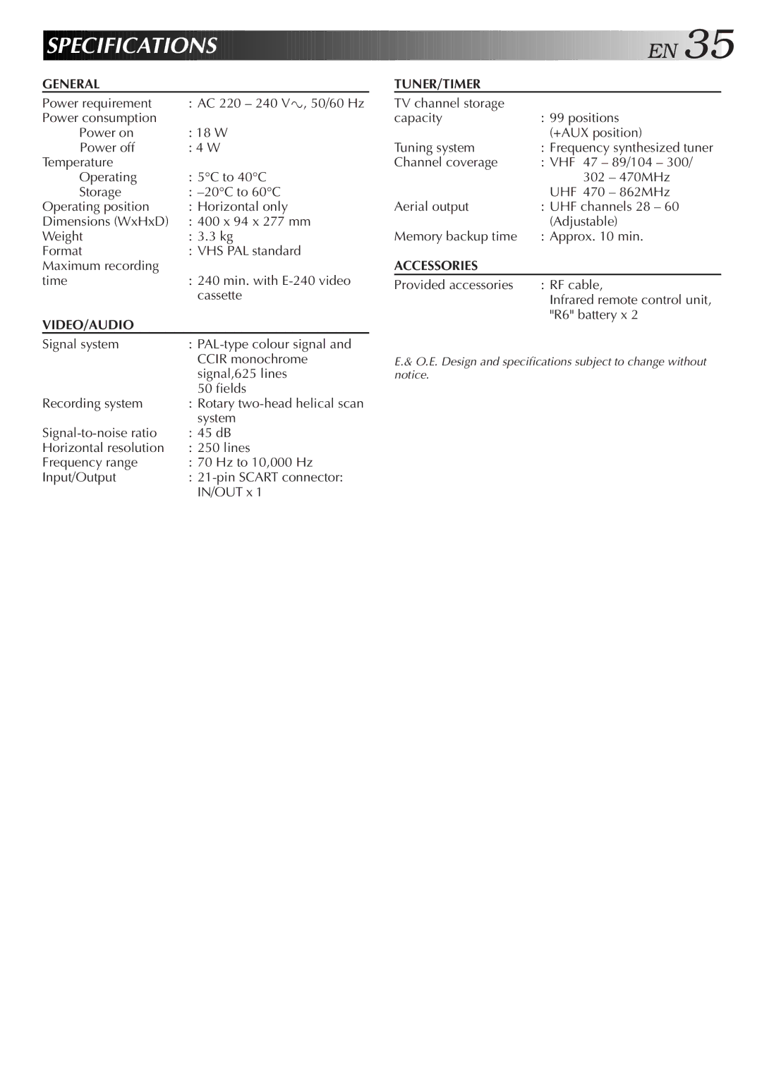 JVC HR-J250E specifications Specification S E N, General 