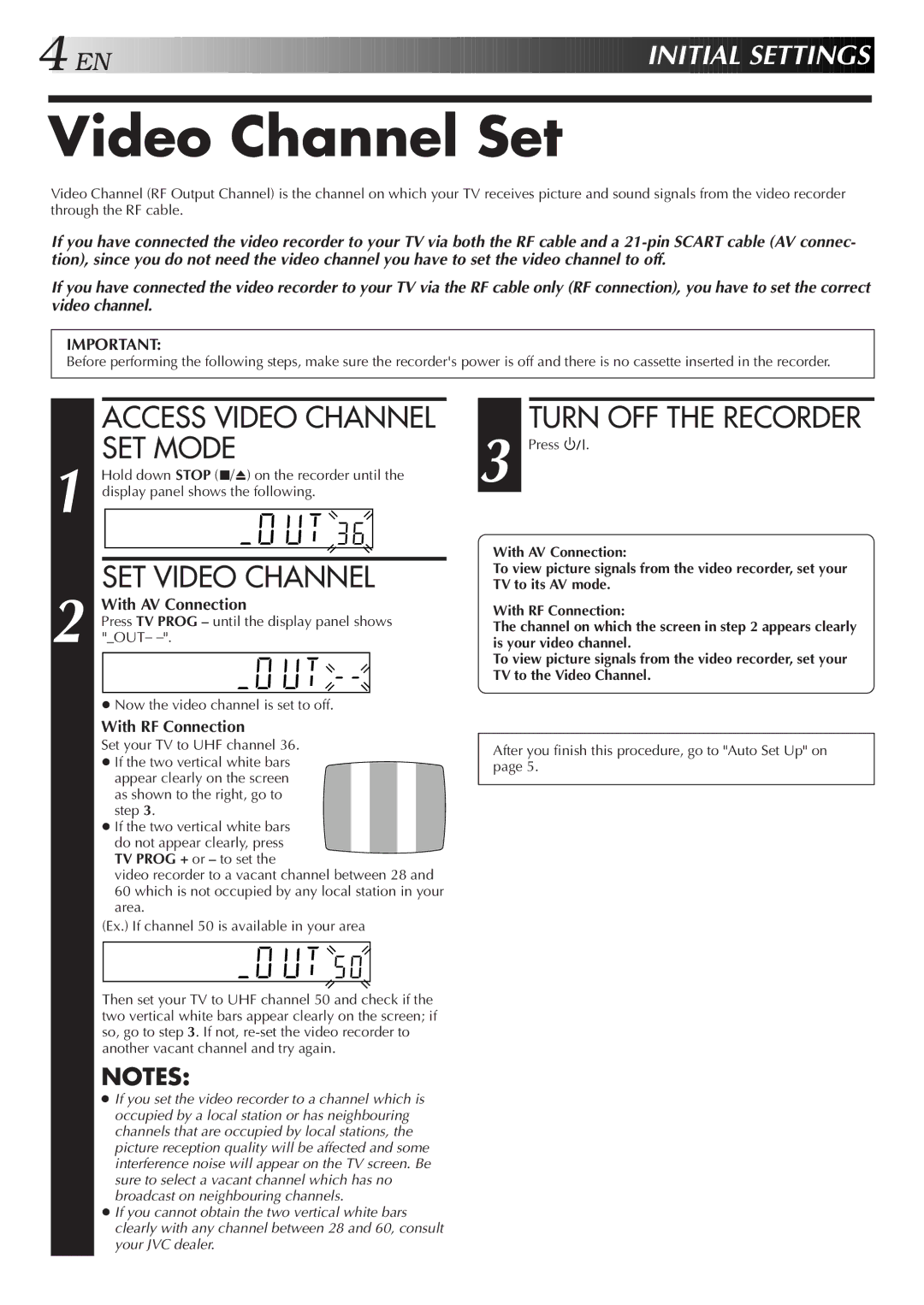 JVC HR-J250E Video Channel Set, Access Video Channel SET Mode, SET Video Channel, Turn OFF the Recorder, Nitial Sett Ings 