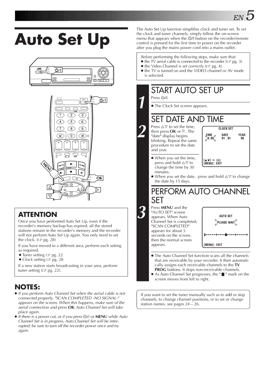 JVC HR-J250E specifications Auto Set Up, Start Auto SET UP, SET Date and Time, Perform Auto Channel SET 