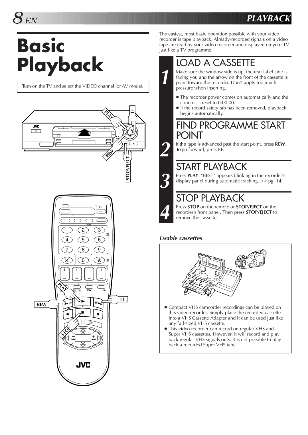 JVC HR-J250E specifications Basic Playback, Load a Cassette, Point, Start Playback, Stop Playback 