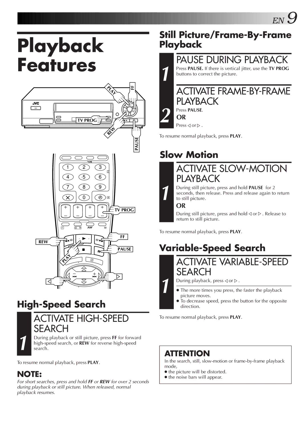 JVC HR-J250E specifications Playback Features, Activate HIGH-SPEED Search 