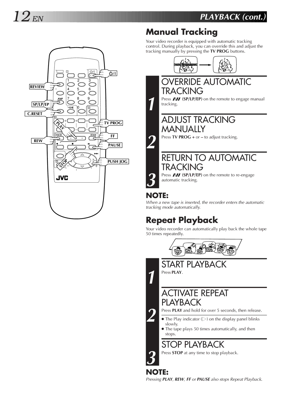 JVC HR-J251MS specifications Adjust Tracking Manually, Return to Automatic Tracking, Activate Repeat Playback, EN Playback 