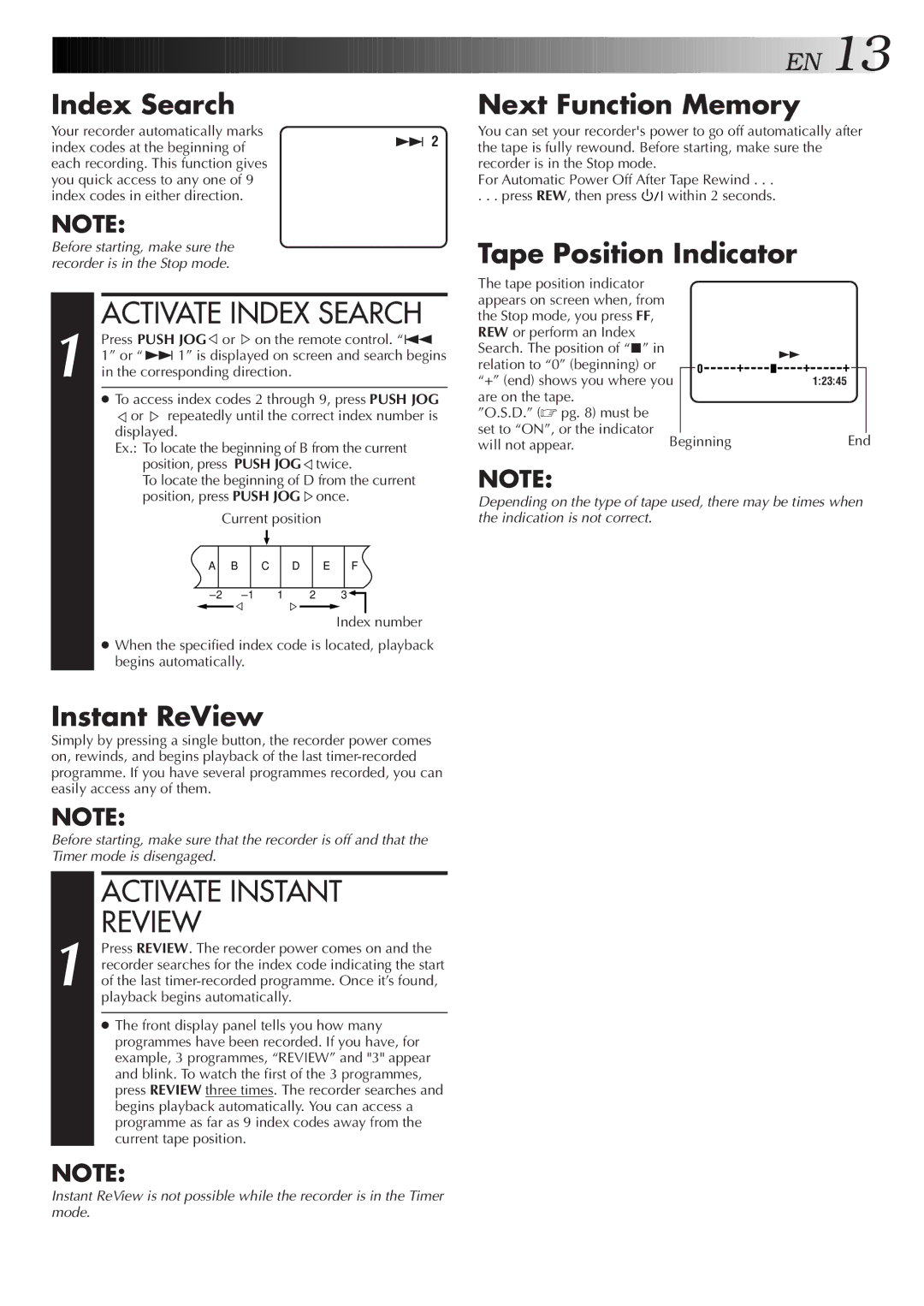 JVC HR-J251MS Activate Index Search, Activate Instant Review, Index Search Next Function Memory, Tape Position Indicator 