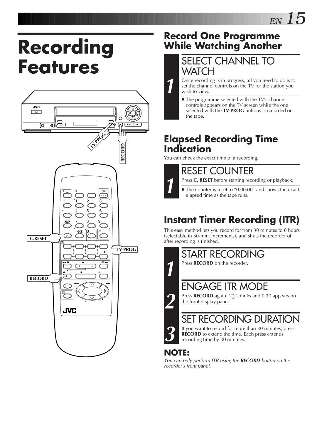 JVC HR-J251MS Recording Features, Select Channel to Watch, Reset Counter, Engage ITR Mode, SET Recording Duration 