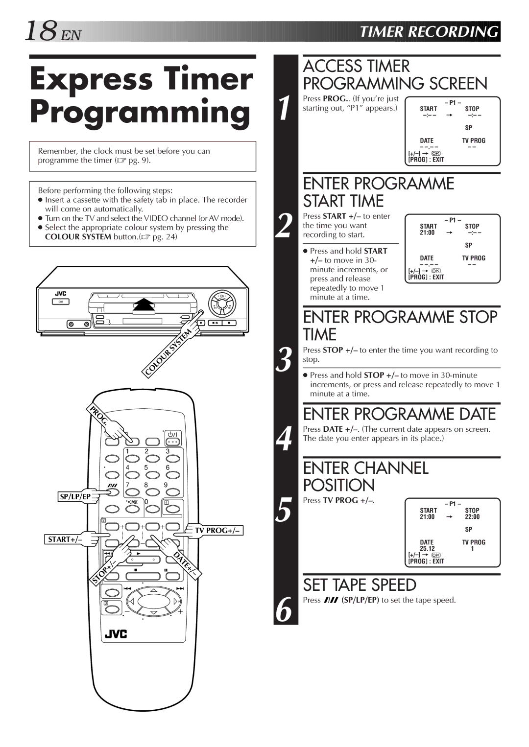 JVC HR-J251MS specifications Express Timer Programming, Enter Programme Stop Time, Enter Programme Date, Timer Recording 