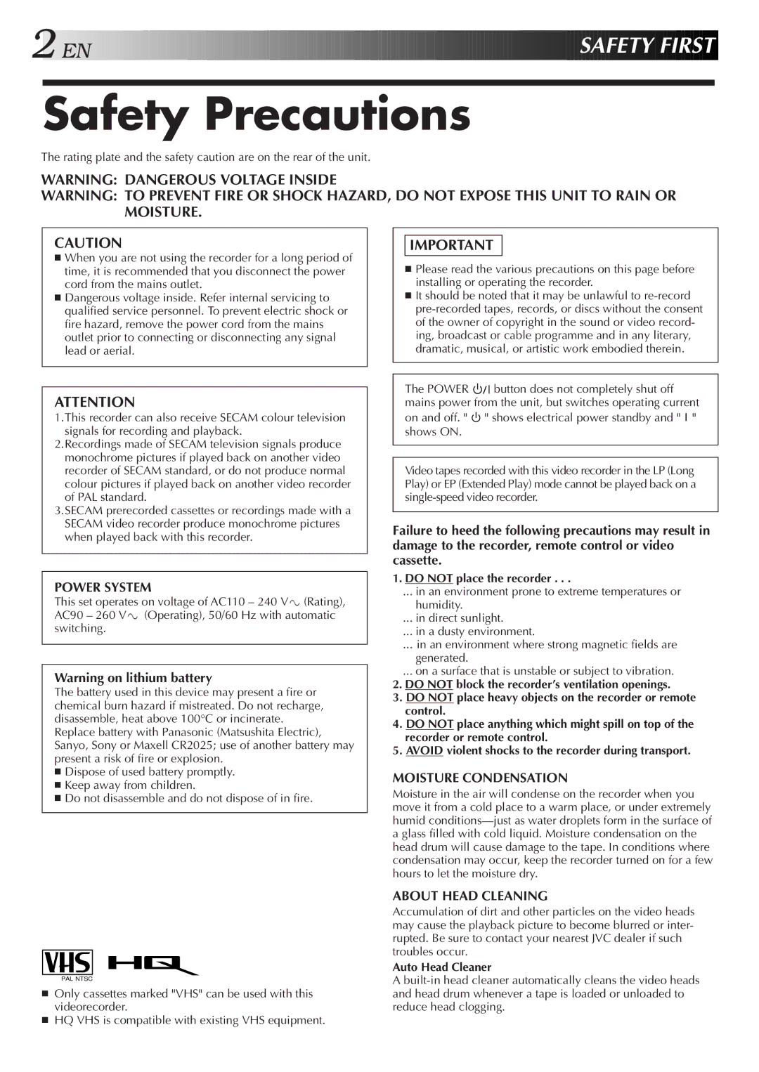 JVC HR-J251MS specifications Safety Precautions, Do not place the recorder, Auto Head Cleaner 