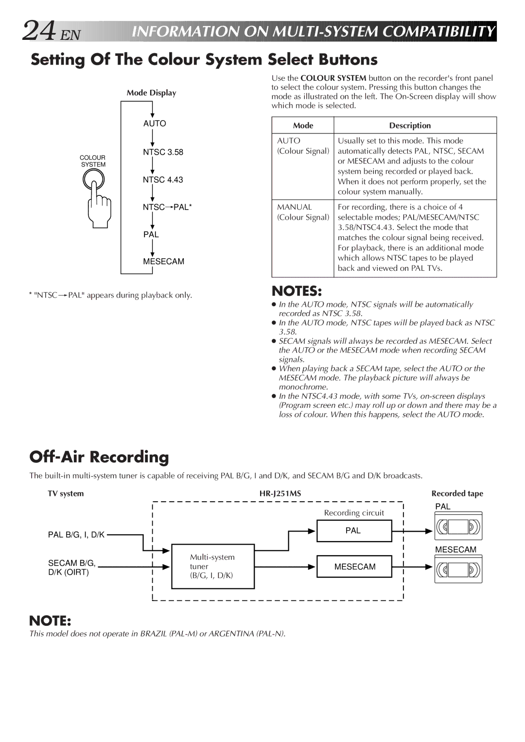 JVC HR-J251MS specifications Setting Of The Colour System Select Buttons, Off-Air Recording, Mode Display, Mode Description 