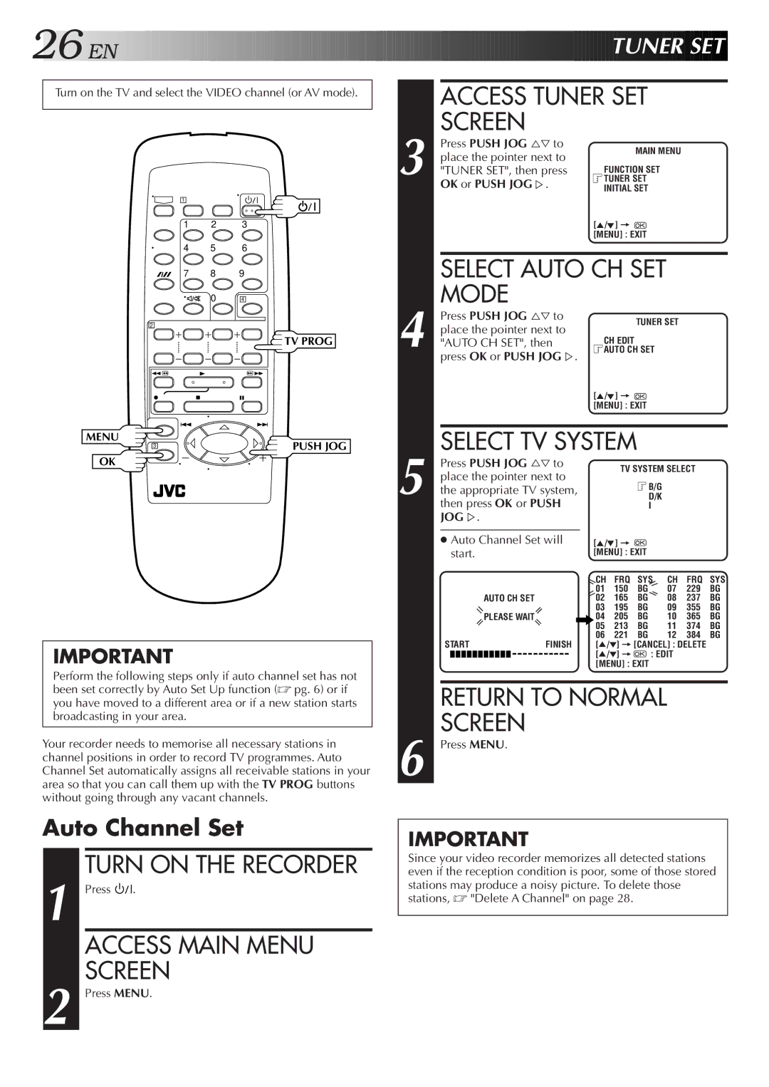 JVC HR-J251MS specifications Access Tuner SET Screen, Select Auto CH SET, Press OK or Push Jogþ 