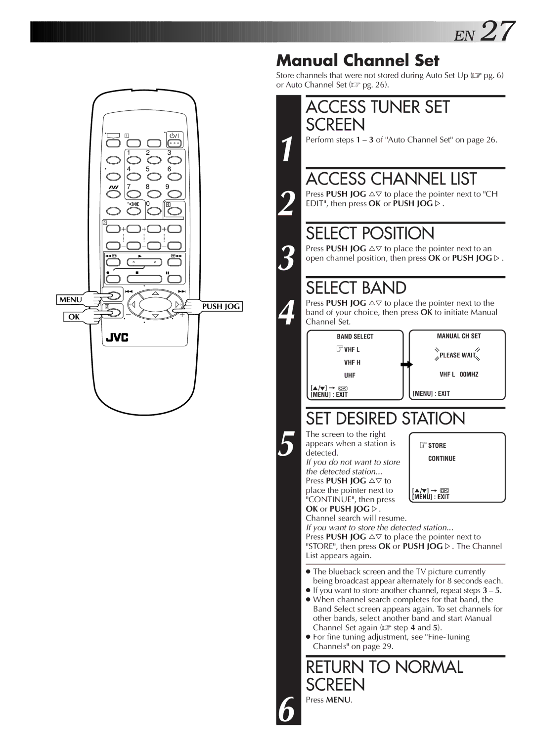 JVC HR-J251MS Access Tuner SET, Access Channel List, Select Position, SET Desired Station, Manual Channel Set 