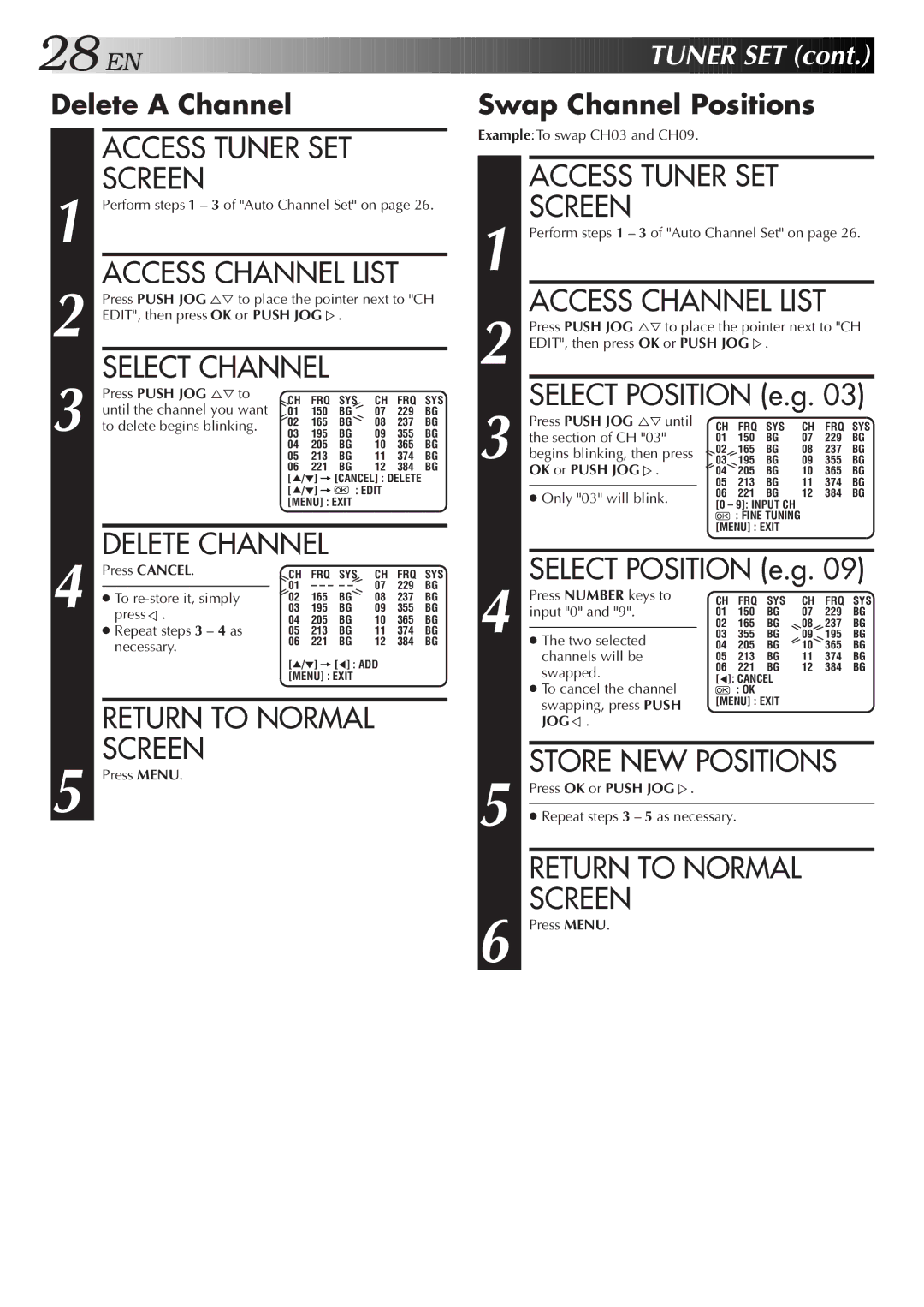 JVC HR-J251MS specifications EN Tuner SET, Delete a Channel, Swap Channel Positions 