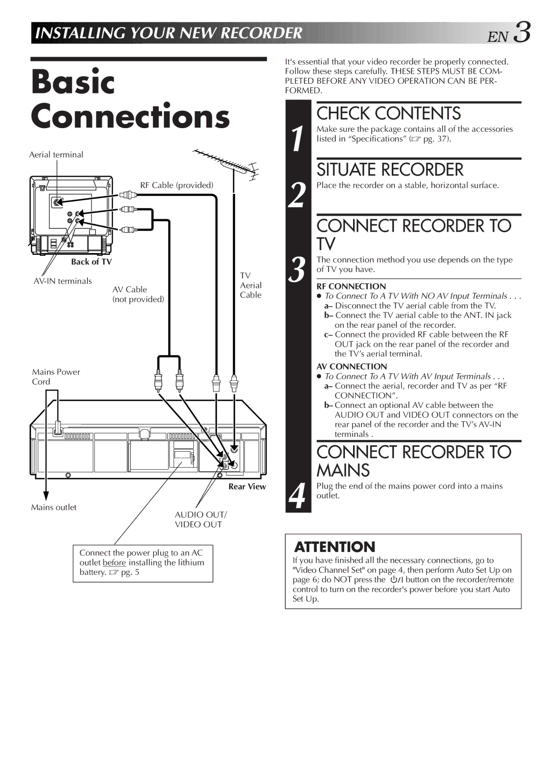 JVC HR-J251MS specifications Basic Connections, Check Contents, Situate Recorder, Connect Recorder to Mains, Rear View 