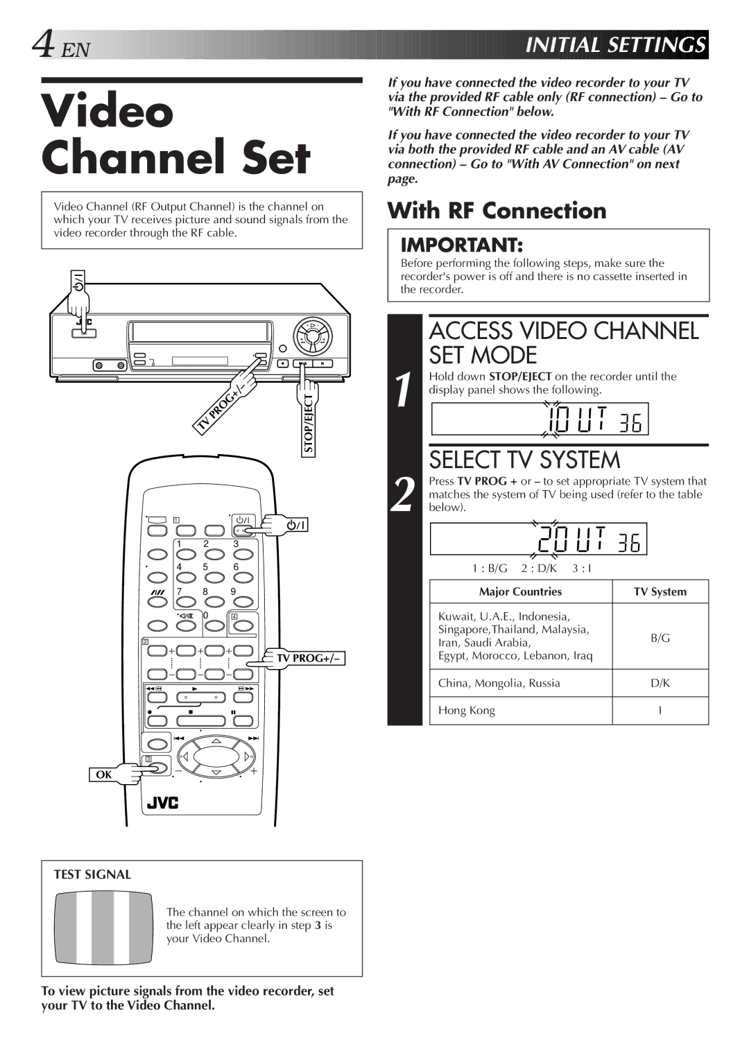 JVC HR-J251MS Video Channel Set, Access Video Channel SET Mode, EN I Nitial Sett Ings, With RF Connection, Major Countries 