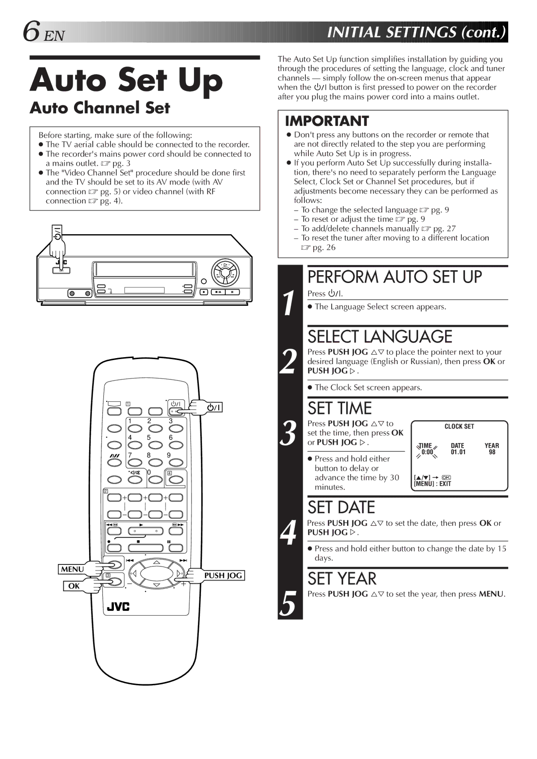 JVC HR-J251MS specifications Auto Set Up, Perform Auto SET UP, Select Language, SET Year, EN Initial Settings 