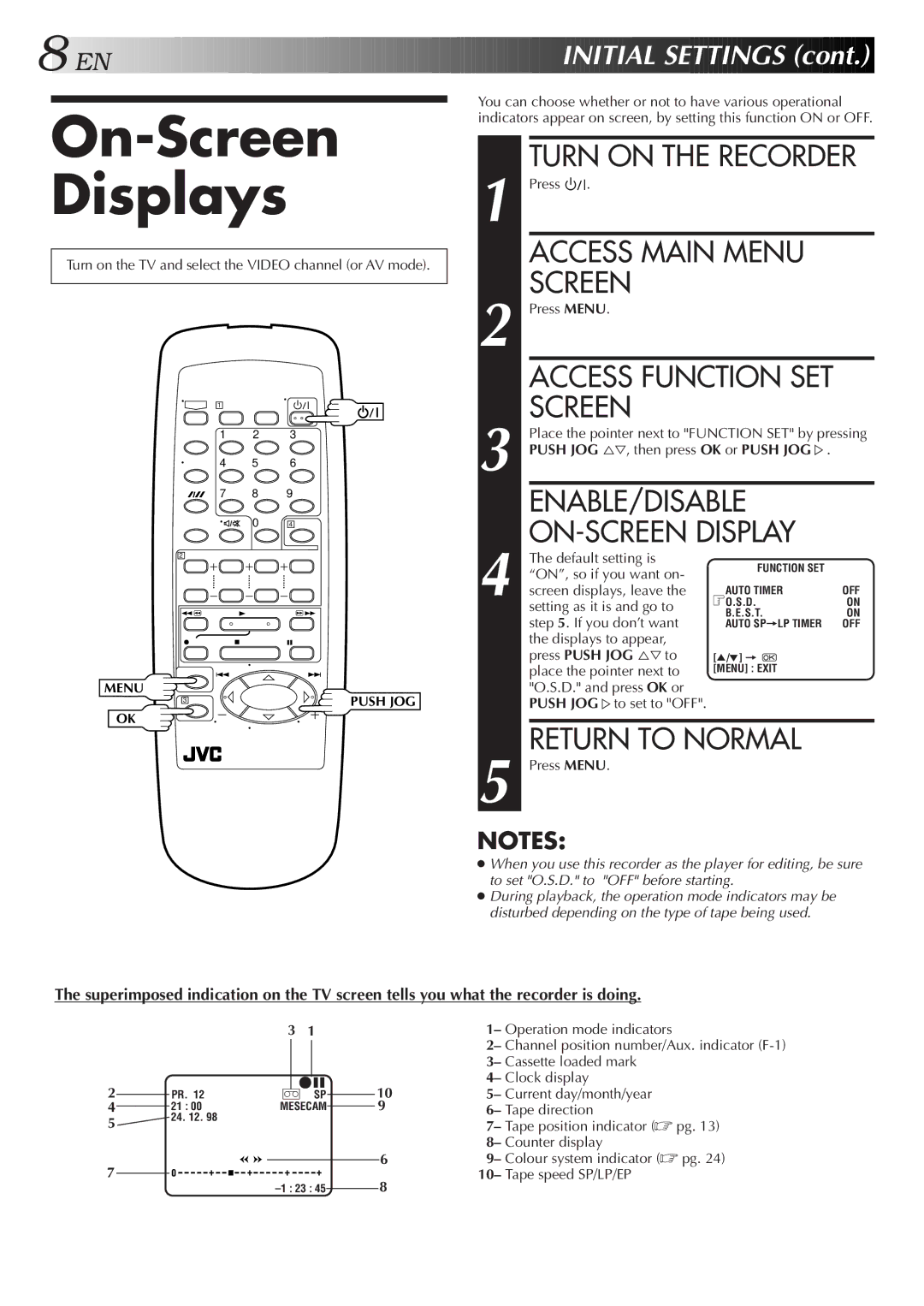 JVC HR-J251MS On-Screen Displays, Turn on the Recorder, Access Main Menu Screen, ENABLE/DISABLE ON-SCREEN Display 